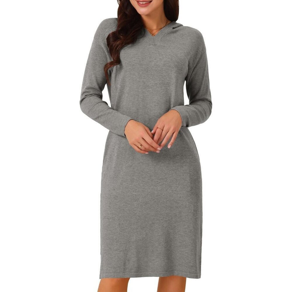 Women's Hoodie Dress Casual Pullover V-Neck Long Sleeve Midi with Pockets - Picture 1 of 6